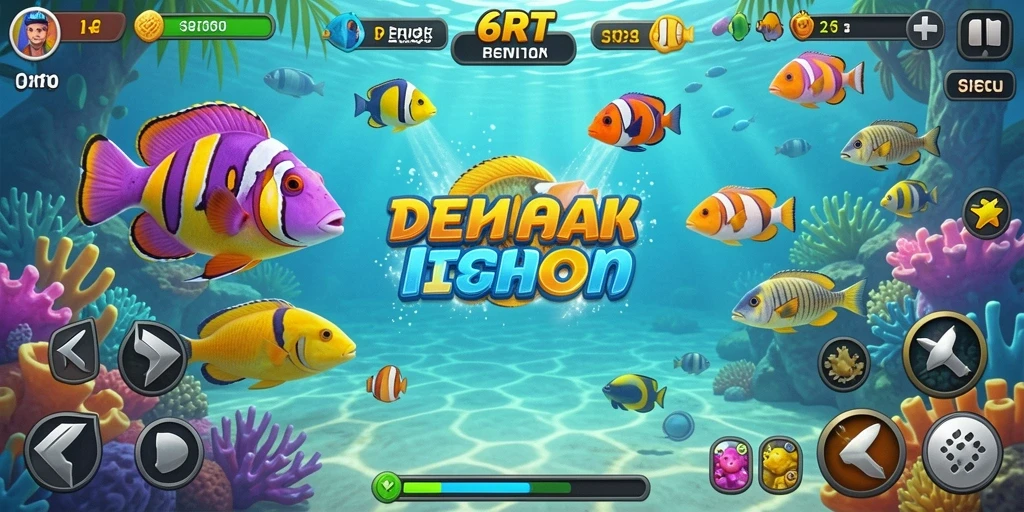 Tampilan gameplay seru game Tembak Ikan 6RT dengan ikan yang variatif.