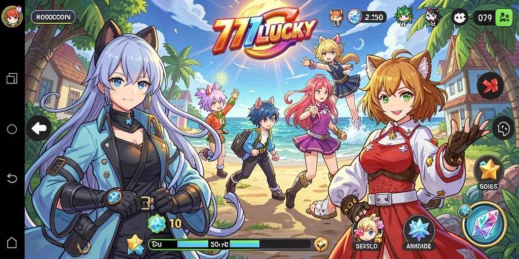 Tampilan gameplay menarik dari 777LUCKY dengan karakter Anime unik.