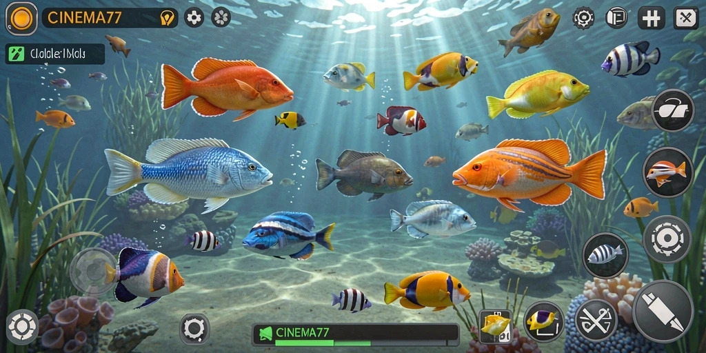 Screenshot utama CINEMA77 menampilkan aksi menembak ikan yang seru.