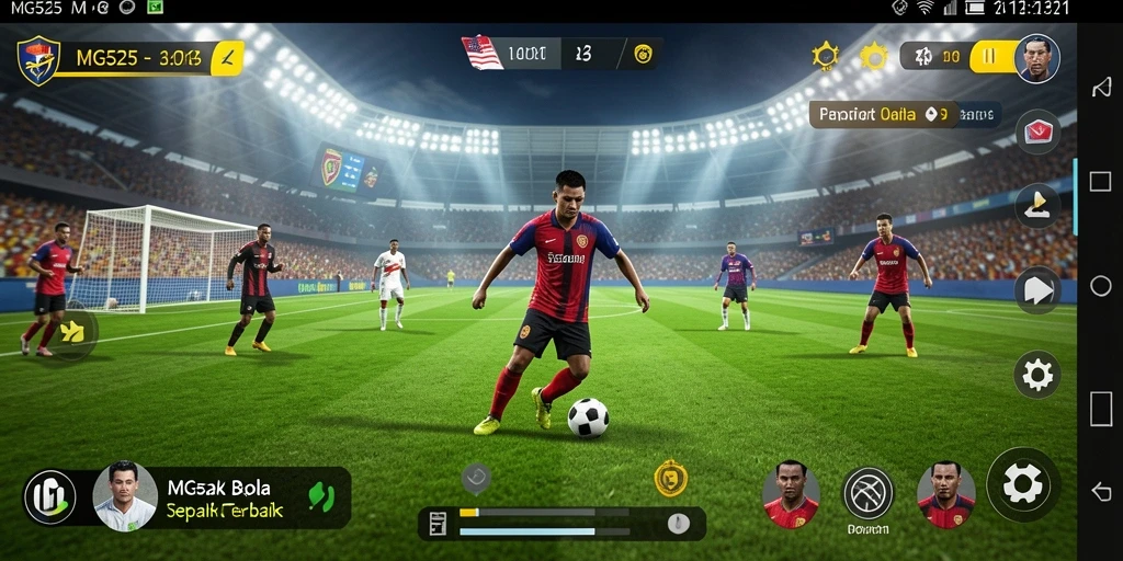 Tampilan gameplay MG525 dengan aksi sepak bola yang seru.
