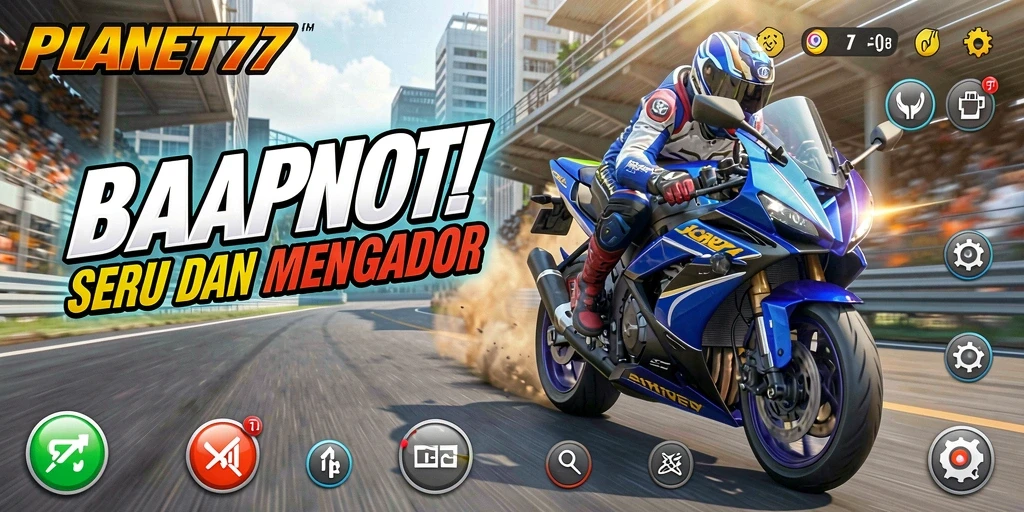 Screenshot menunjukkan aksi balap motor yang mendebarkan di PLANET77.
