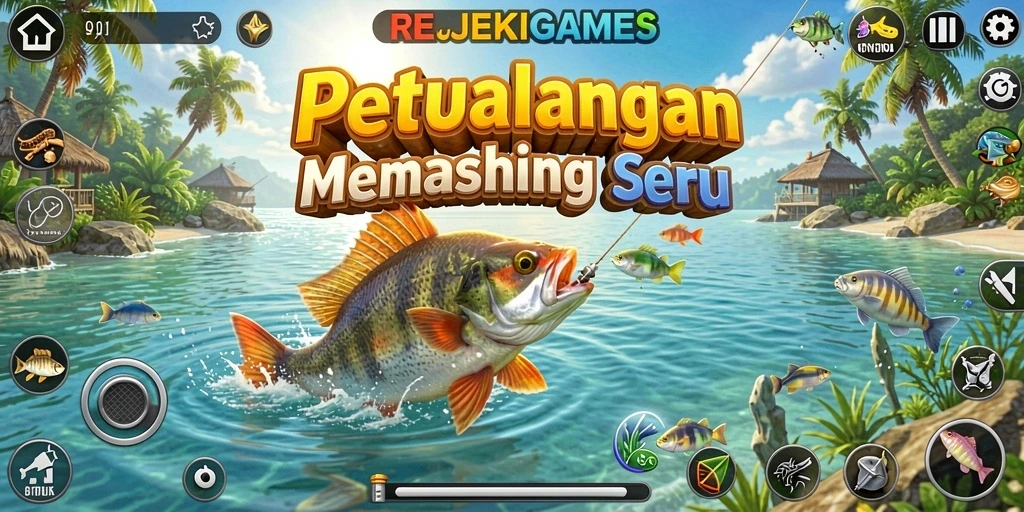 Screenshot gameplay REJEKIGAMES menunjukkan momen menangkap ikan yang menegangkan.